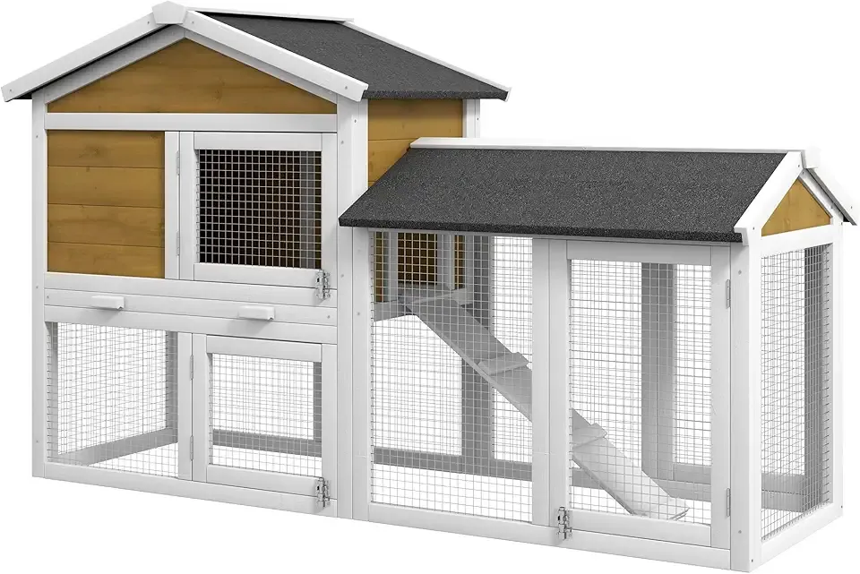 PawHut 58" Rabbit Hutch, Wooden Bunny Hutch, Guinea Pig Cage, Small Animal Enclosure with Run Area, Removable Tray, Asphalt Roof, Lockable Doors and Ramp, Nature Wood