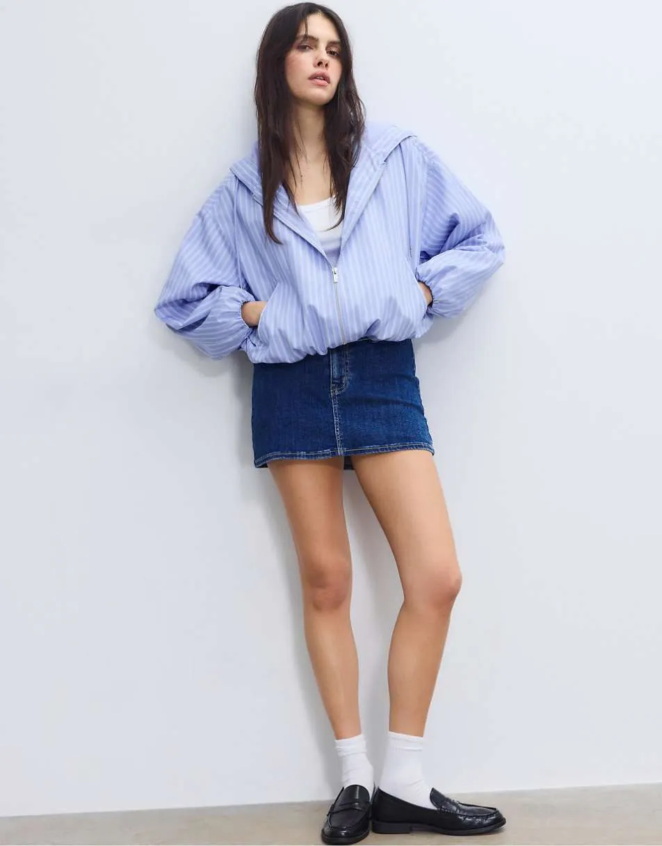 Stradivarius Basic striped nylon hooded jacket in sky blue