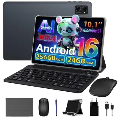 BESTTAB T20 10.1'' Android 16 Set Tablet, 24GB(8+16GB Erweiterbar) RAM+256GB ROM(2TB TF), mit Hülle/Stift/Maus/Tastatur, Widevine L1, 5G WiFi