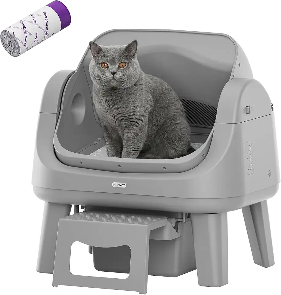 PetPivot Open Top Self Cleaning Cat Litter Box, Automatic Litter Box with 7 Pairs of Safety Sensors, Anti-Pinch Protection and Easy Access Step for Senior Cats, Dark Grey