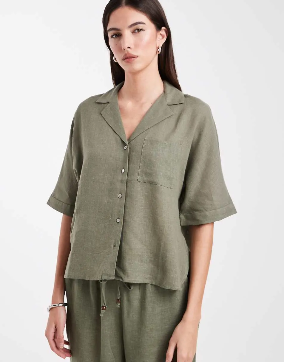 ONLY linen blend short sleeve shirt co-ord in light khaki