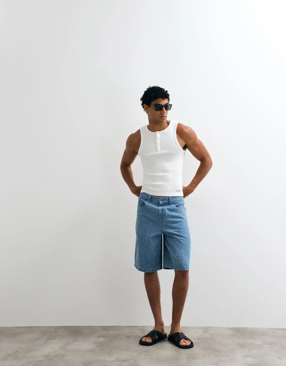 ASOS DESIGN loose textured denim jorts in mid wash blue - MBLUE