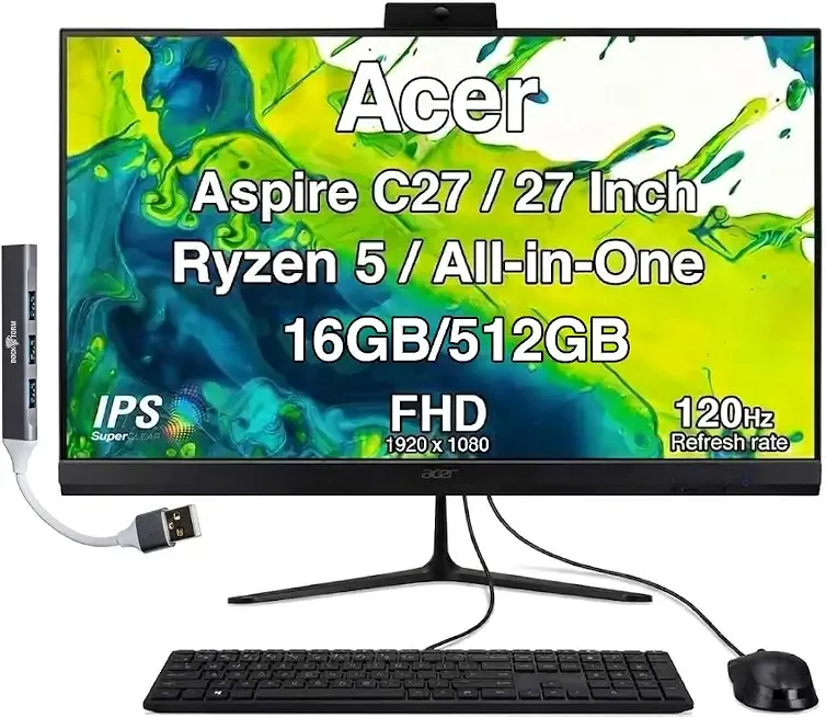 Acer Aspire C27 All-in-One Desktop, 27" IPS FHD, Ryzen 5 7430U | 16GB DDR5, 512GB PCIe SSD, Wired Keyboard and Mouse, Wi-Fi 6E, Bluetooth 5.3, Webcam, Windows 11 Pro /w USB Hub