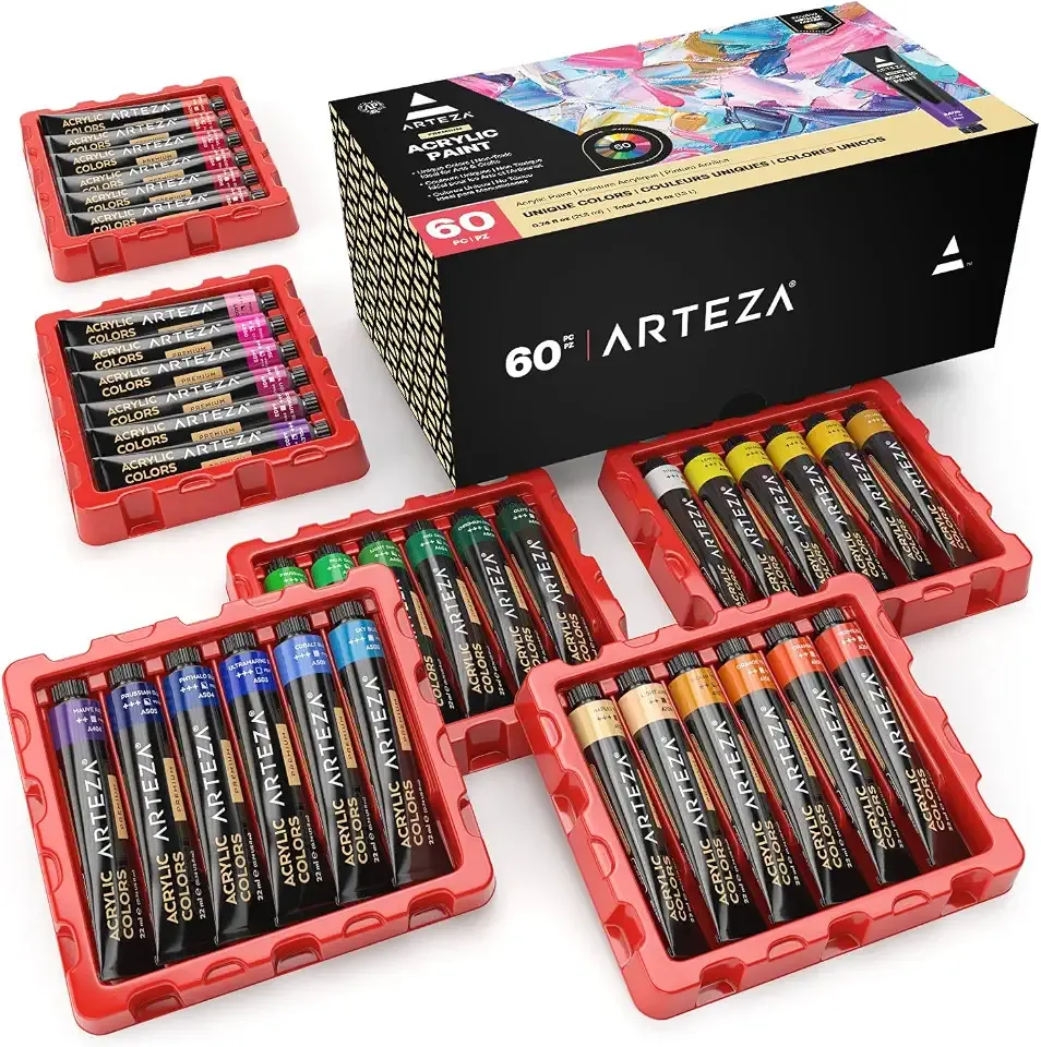 ARTEZA Acrylic Paint Set, 60 Colors in 22 ml Tubes, High-Viscosity Acrylic Paints with 5 Metallic Colors for Canvas, Wood, Paper, Mixed Media, Blending, Layering, and Texture