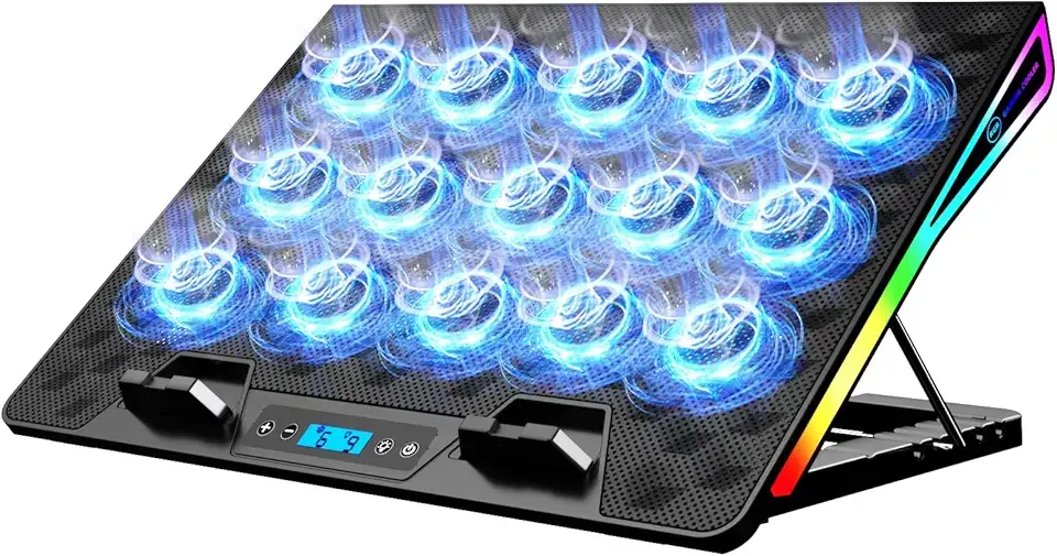 KeiBn Laptop Cooling Pad, Gaming Laptop Fan Cooling Pad with 15 Quiet Fans, RGB Laptop Cooler for 10-17.3 Inch, 4 Height Stands, 2 USB Ports - Blue
