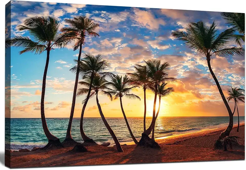 msspart Tropical Palm Tree Canvas Wall Art Coastal Picture Print Ocean Themed Decor Beach Sunset Landscape Artwork for Living Room Bathroom Bedroom Home Office Decorations - 24”x36”