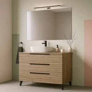 Mueble de baño con Lavabo, Espejo y Aplique LED KEN 100x45 cm sobre encimera acabado Desierto mate 3 cajones con patas