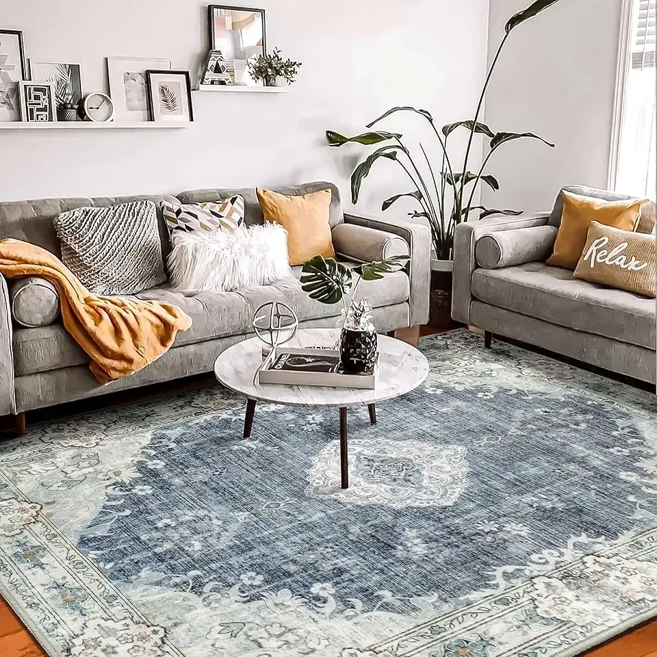 MUJOO Blue Grey Rug 8'x10' Rugs for Living Room Large Washable Area Rug Boho Rug for Bedroom Non Slip Vintage Abstract Soft Low-Pile Floral Flowers