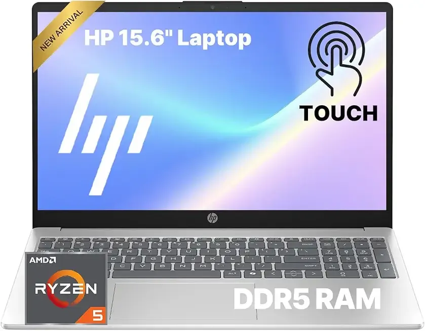 HP Touchscreen Laptop • 15.6 FHD IPS Display • 2026 Edition • AMD Ryzen 5 7520U • 8GB LPDDR5 • 256GB PCIe SSD • Copilot AI • Wi-Fi 6 • Numeric Keypad • Windows 11 • for Business & Student • w/o Mouse