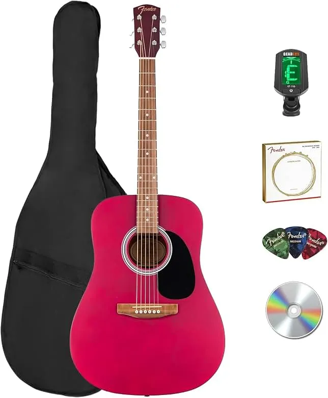 Fender FA Series Dreadnought Acoustic Guitar - Crimson Red Bundle with Gig Bag, Tuner, Strings, Picks, and Austin Bazaar Instructional DVD