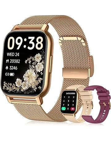 Kriutefy Smart Watch for Women (3 Bands), Fitness Tracker with Bluetooth Calls, IPX8 Waterproof Smartwatch for Android iPhone, 112+ Sport Modes, Heart Rate/Sleep/SpO2 Monitor, Gold