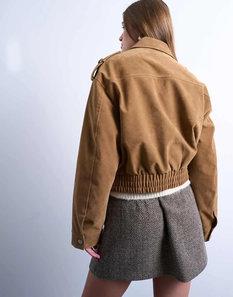 Topshop cropped faux suede bomber jacket with popper details in camel