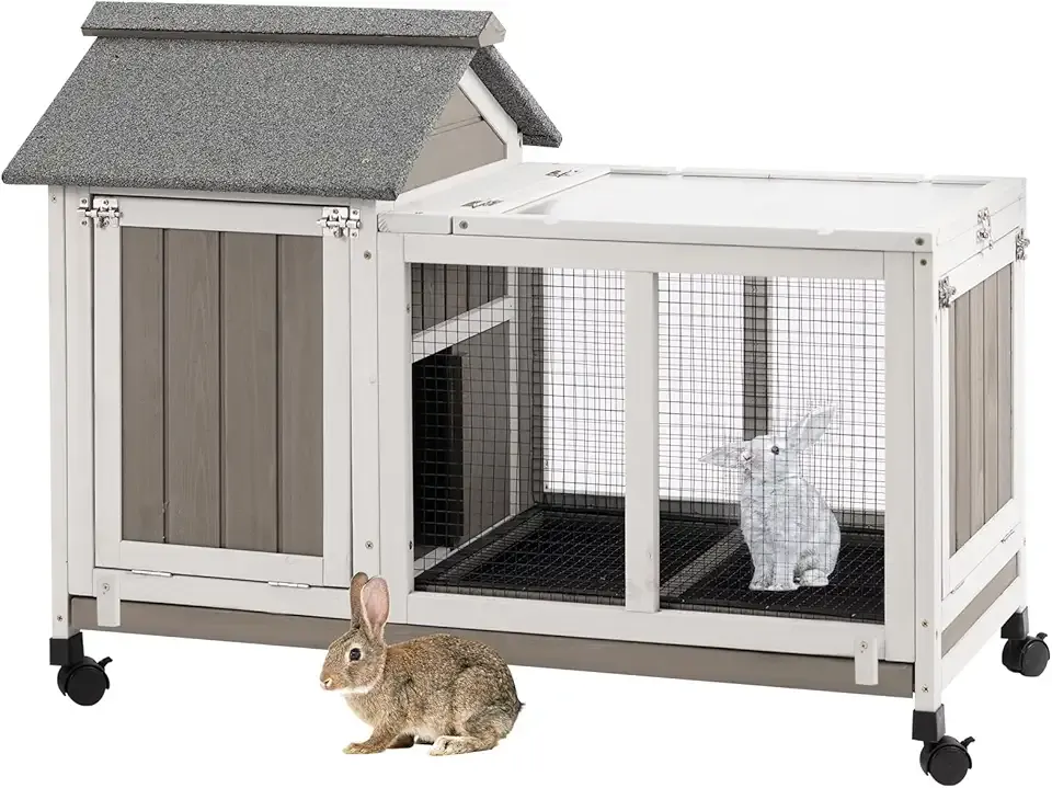 Gowoodhut 38.19"L Rabbit Hutch Indoor and Outdoor with 4 Wheels,Wooden Rabbit Cage with Pull Out Leak-Proof Tray for 1-2 Rabbits,Bunny Hutch with Asphalt Roof Suitable for Garden,Park,Living Room,Grey