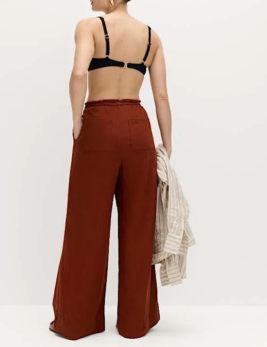 Linen Rich Drawstring Wide Leg Trousers