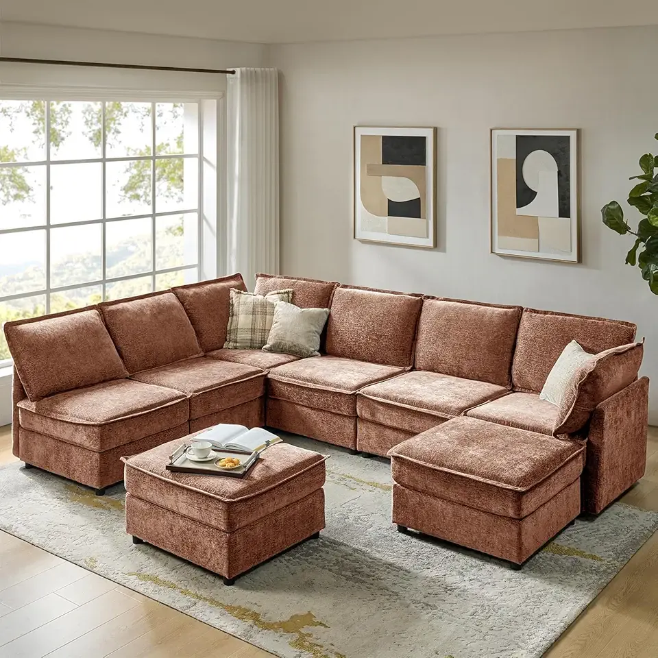 HULALA HOME Oversized Modular Sectional Sofa, 8 Seat U Shaped Couch with Storage Ottoman, Comfy Chenille Sofa with Deep Seat, Convertible Sectional Couches for Living Room, Burnt Orange