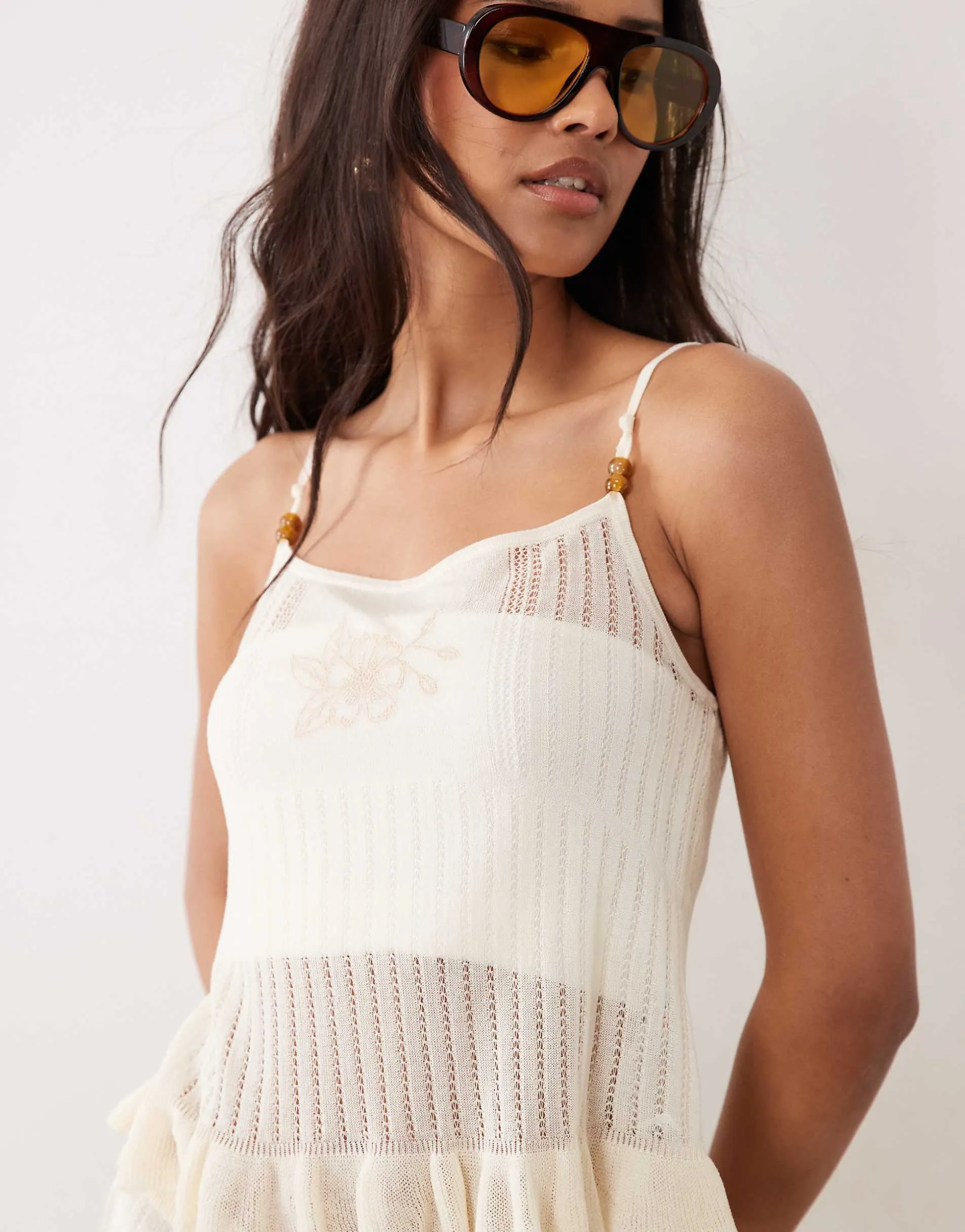 Miss Selfridge embroidered sheer knit cami top in cream