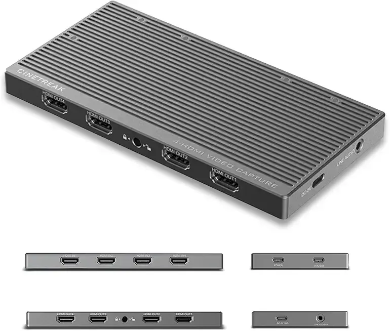 CineTreak CT-4 4K Video Capture Card - 4 HDMI Inputs, UVC Plug-and-Play, Simultaneous 4-Channel Capture, 10Gbps USB 3.2, Pro Audio Input, 100W PD Charging, for Streaming, Gaming, Video Production