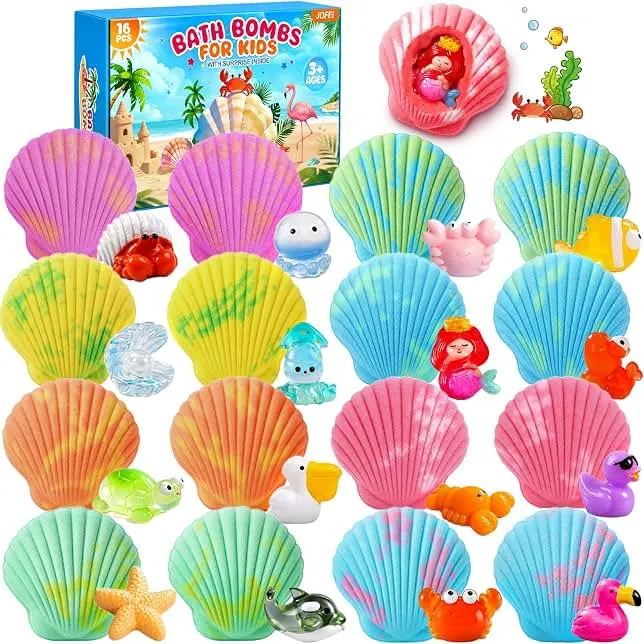 Bath Bombs for Kids with Toys Inside, 16 Pack Shell Kids Bath Bombs with Surprise Inside Gift Set for Boys Girls, Bubble Fizzy Bath Bomb with Bath…