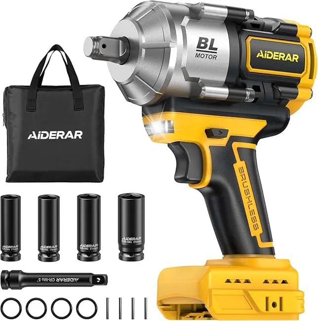 AIDERAR 20V Cordless Impact Wrench for DeWalt Battery, 1500Nm (1106 Ft-Lbs) 1/2" Brushless Impact Gun, 3-Speed High Torque Power Tool for Tire Removal, Rusted Bolts, Heavy Equipment(No Battery)