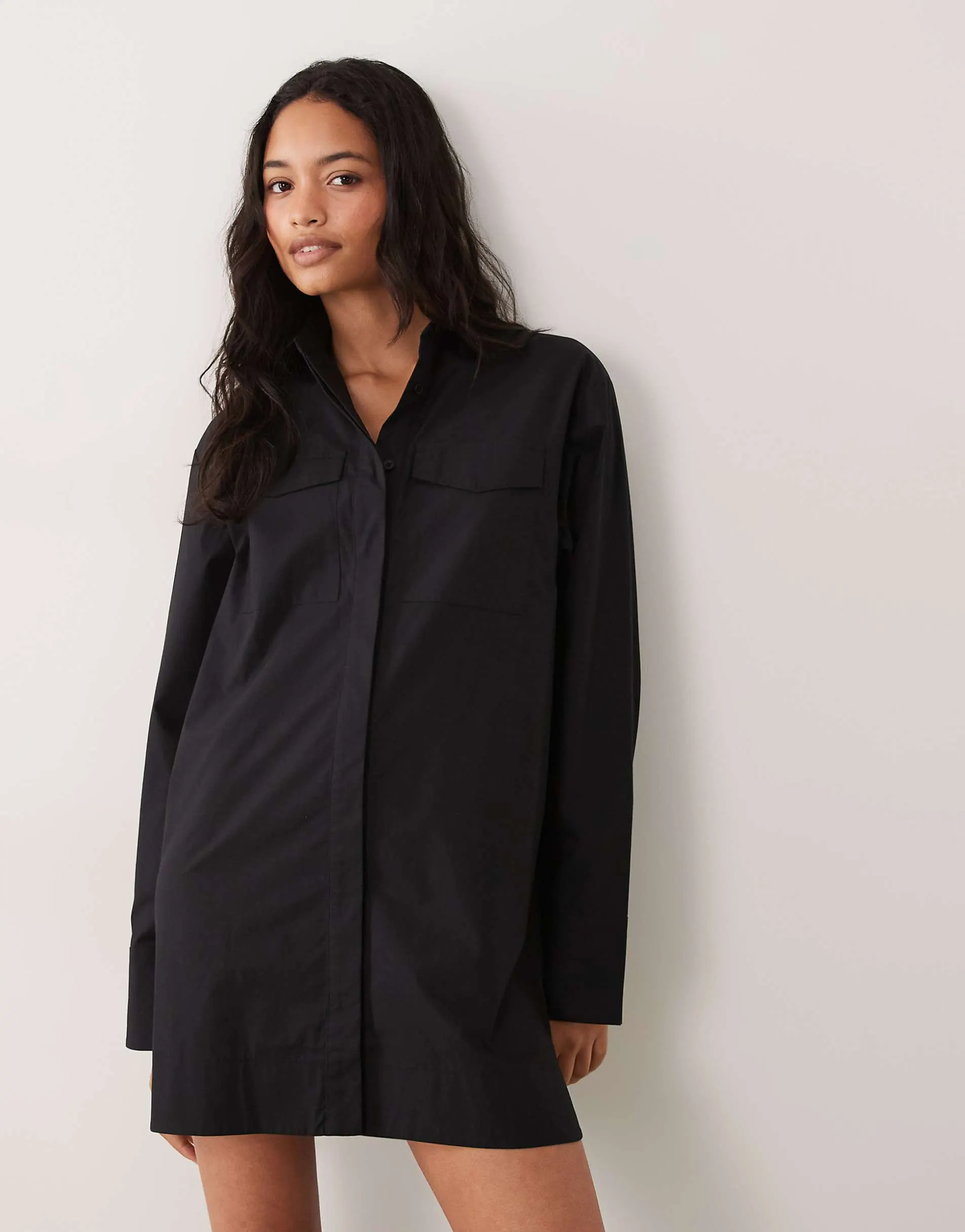 ASOS DESIGN poplin mini shirt dress with wide cuffs and oversized pockets in black
