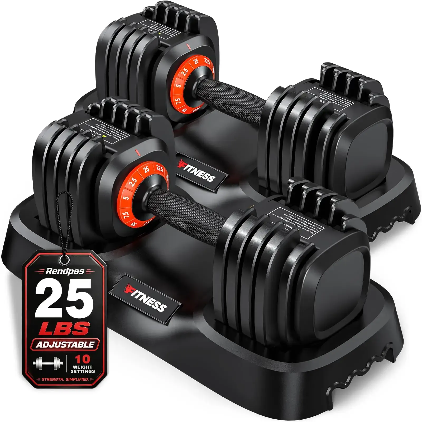 Rendpas Adjustable Dumbbell Set for Home Gym Strength Training | 25/50/55/80LB Pair, Quick Adjust Dumbbells w/Non-Slip Knurled Grip, Twist-Lock Safety, Space-Saving Storage Tray