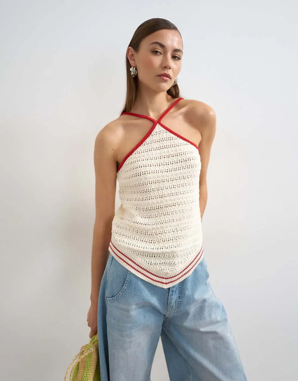 Topshop knitted stitchy halter top in ecru and red