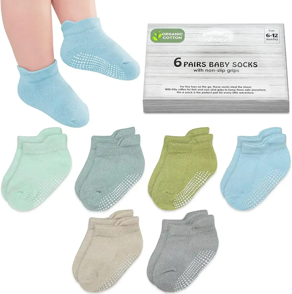 Organic Cotton Ankle Baby Socks 6–12 Months – 6 Pairs, Soft Breathable Non-Slip Socks for Baby Boys & Girls with Anti-Skid Grip