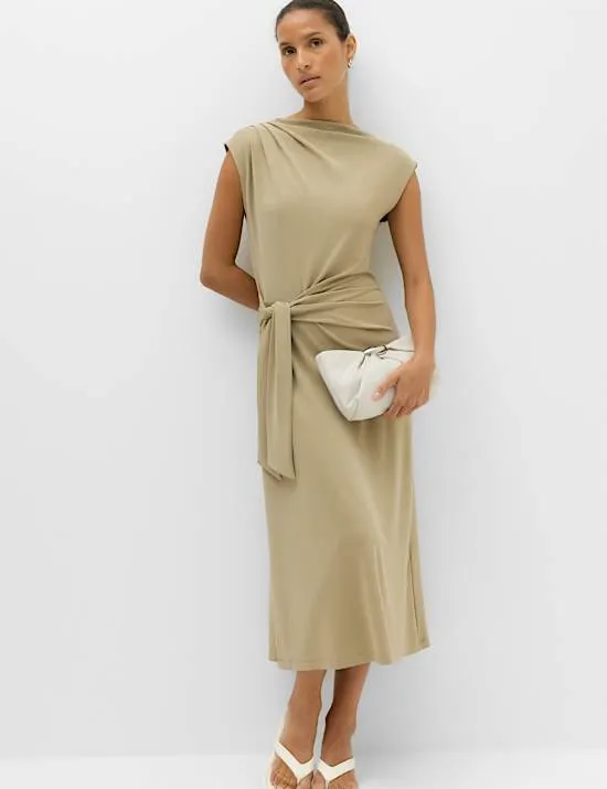 Jersey Tie Waist Midi Waisted Dress