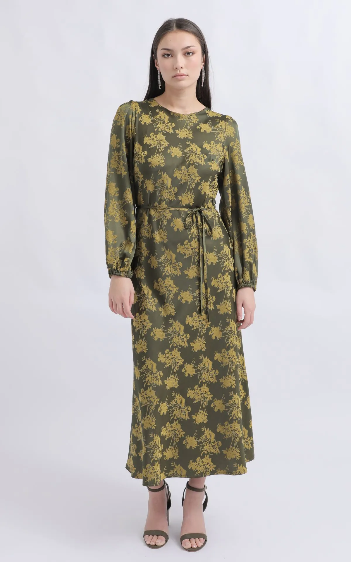 Jacquard Satin LS Midi Dress