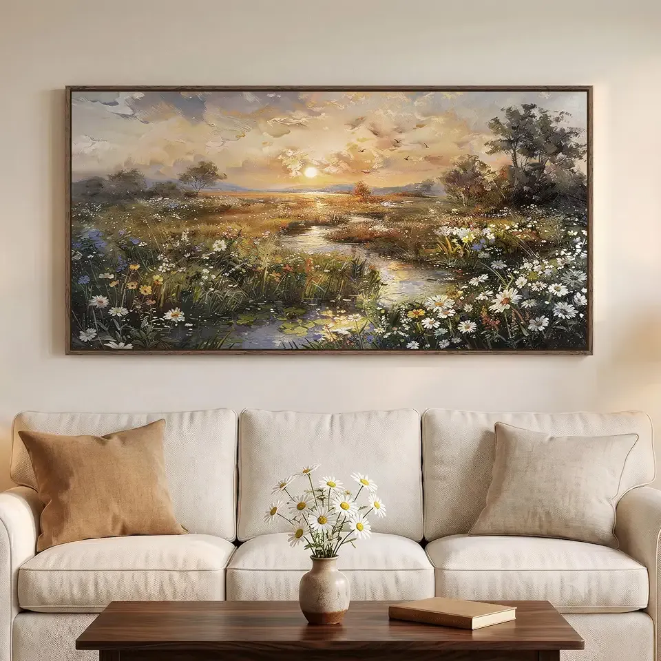 Large Framed Vintage Sunset Landscape Wall Art for Living Room, 60x30 Inch | Horizontal, Canvas print, Rustic, Wildflower, Meadow floral picture, Bedroom artwork, Dining room decor, Entryway painting