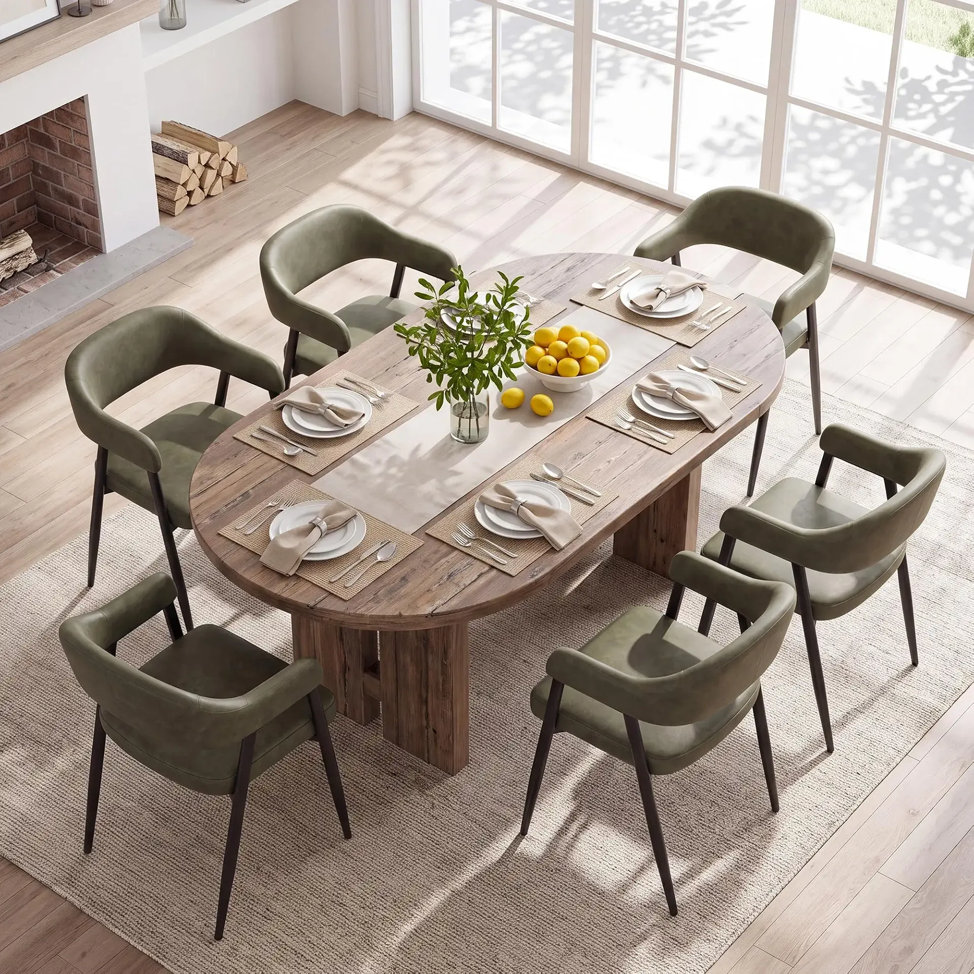 Modern Dining Room Arm Chairs Set of 6, Green Retro Faux Leather Upholstered Barrel Dining Chairs with Arms Mid-Century Accent Chair with Metal Legs, Open-Back Kitchen Side Chairs for Living Room