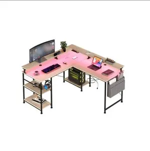 Escritorio en forma de L Tbfit, escritorio de computadora reversible con toma eléctrica y tira de LED, escritorio de gaming con soporte para monitor y
