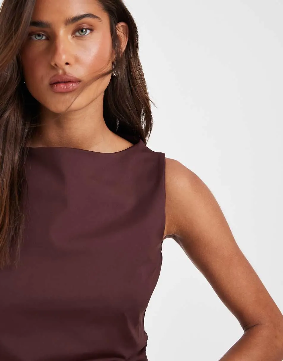 ASOS DESIGN polyamide slinky boat neck top in chocolate