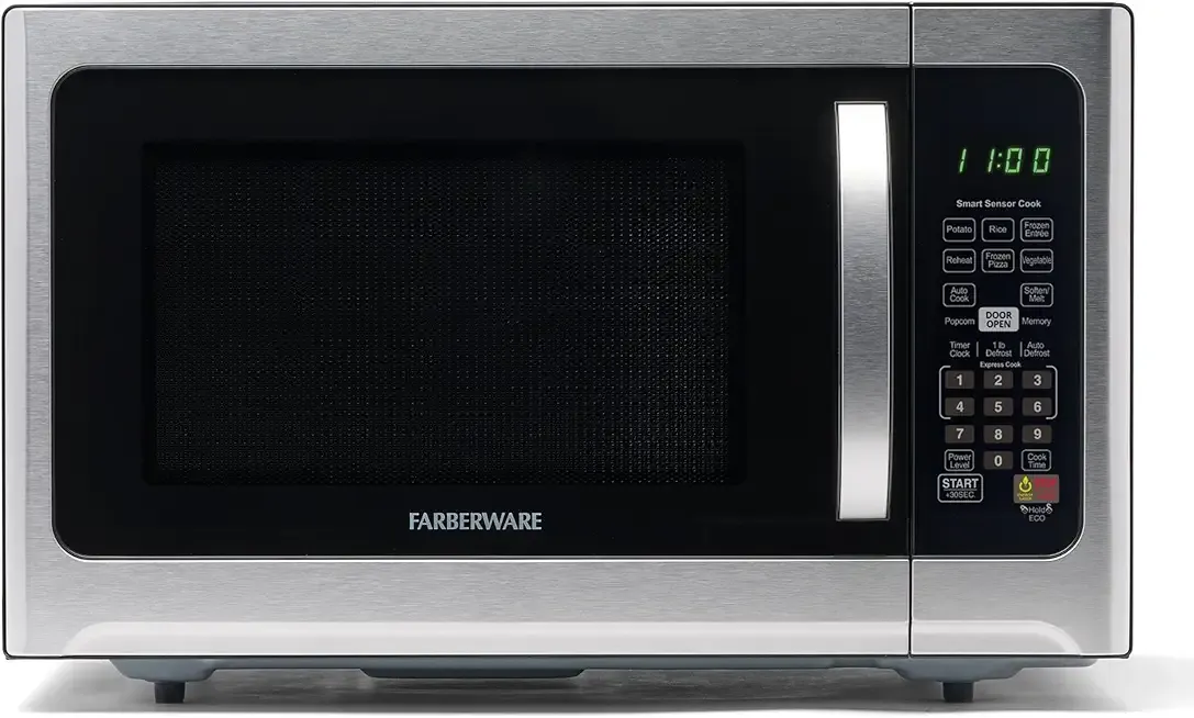 Farberware 1.2 Cu. Ft. Countertop Microwave Oven – 1000 Watts Power, Smart Sensor Auto Cook Settings, Defrost, Easy Clean and Child Safety Lock - Stainless