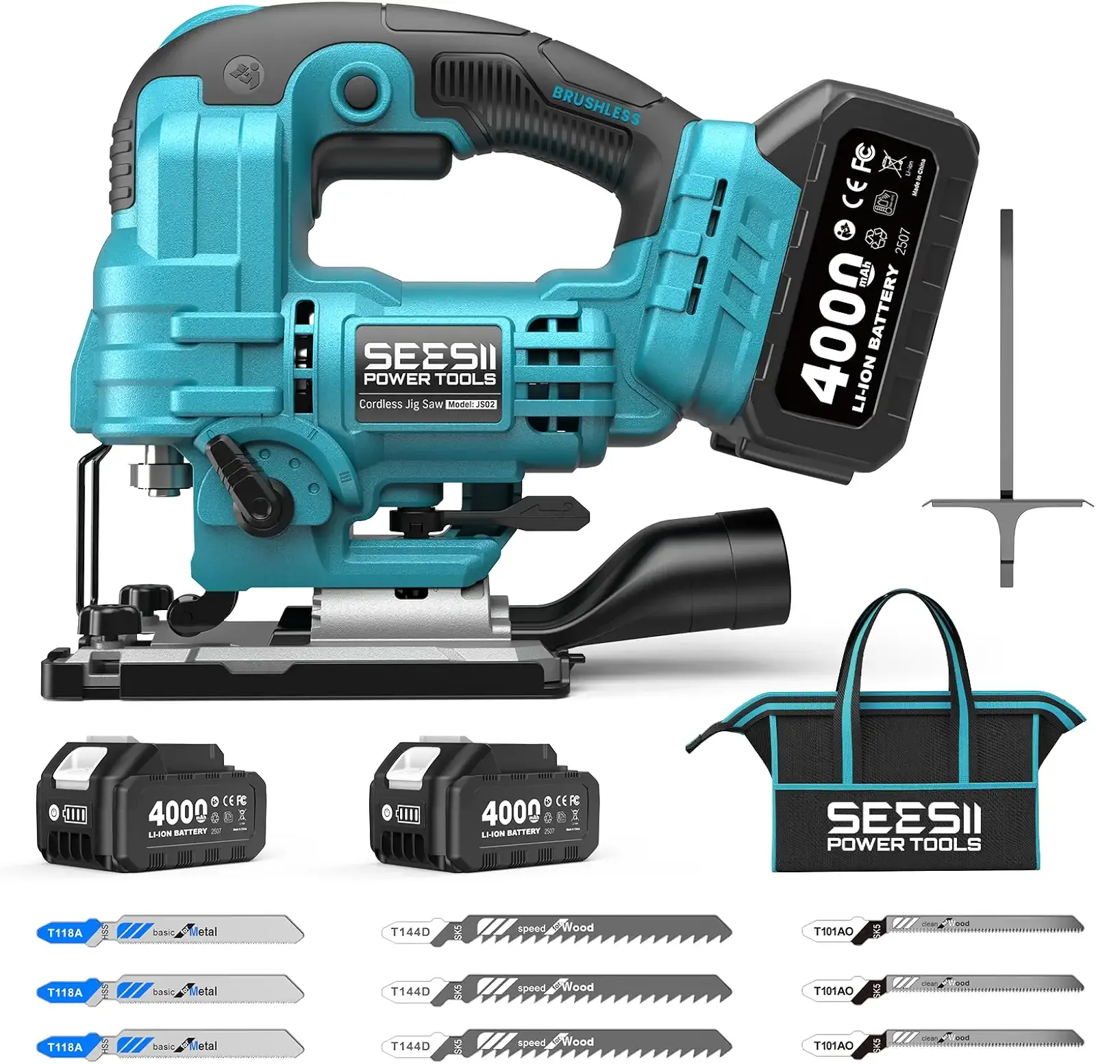 SEESII Brushless Cordless Jigsaw Tool, 2×4.0Ah Batteries, Tool-Free 0–45° Bevel Cutting, 3500 SPM Variable Speed, 4 Orbital Settings, Electric Jig Saw for Woodworking & DIY Projects & Home Use