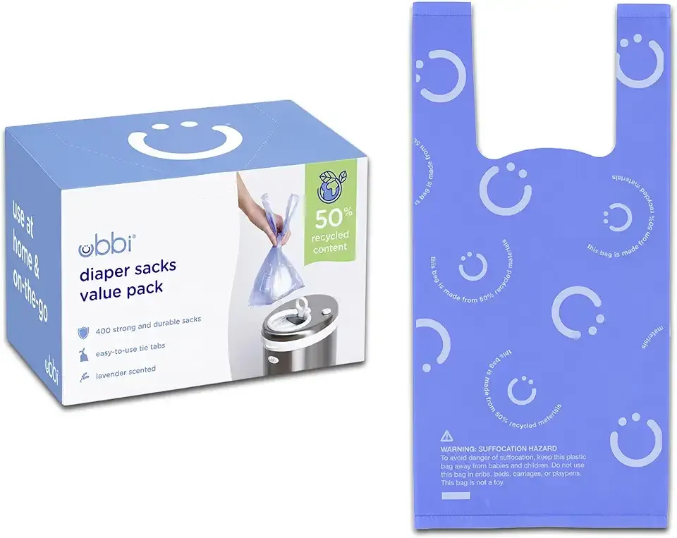 Ubbi Disposable Nappy Sacks, Lavender Scented, Easy-To-Tie Tabs, Baby Diaper Disposal or Pet Waste Bags, Value Pack, 400 Count