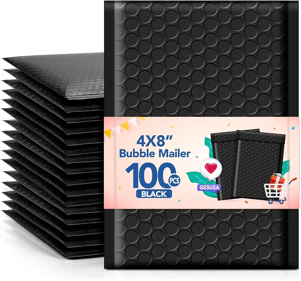 GSSSUSA Bubble Mailers 4x8 Inch 100 Pack Padded Envelopes Usable Size 4x7 Inch Shipping Envelopes Self Seal Small Packaging Shipping Bags for Mailing Jewelry, Small Business, Black