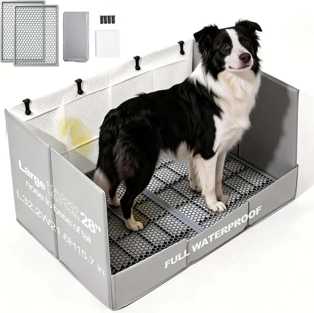 HQ4US 4LEGS Dog Litter Box with High Walls & Grate, Foldable Pee Pad Holder Tray Indoor Dog Potty for Puppy & Medium Dogs, Seamless,…