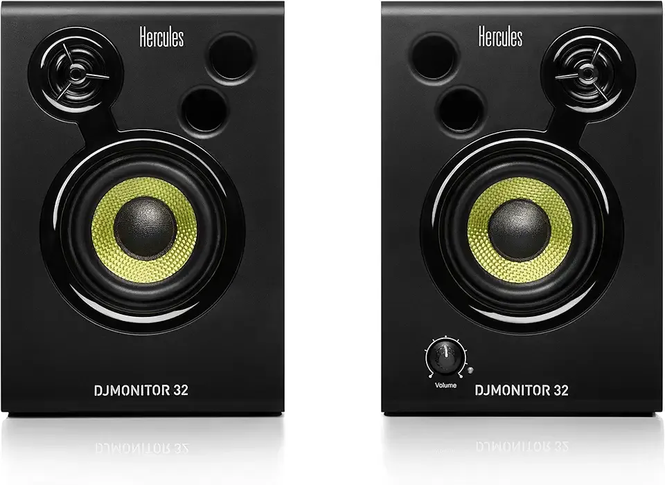 Hercules DJMonitor 32: 2 x 15 watts RMS active monitoring speakers,Black | Active 2-way 2x15W RMS monitoring speakers with 3" woofers, shifted tweeters, and dual bass ports for precise audio