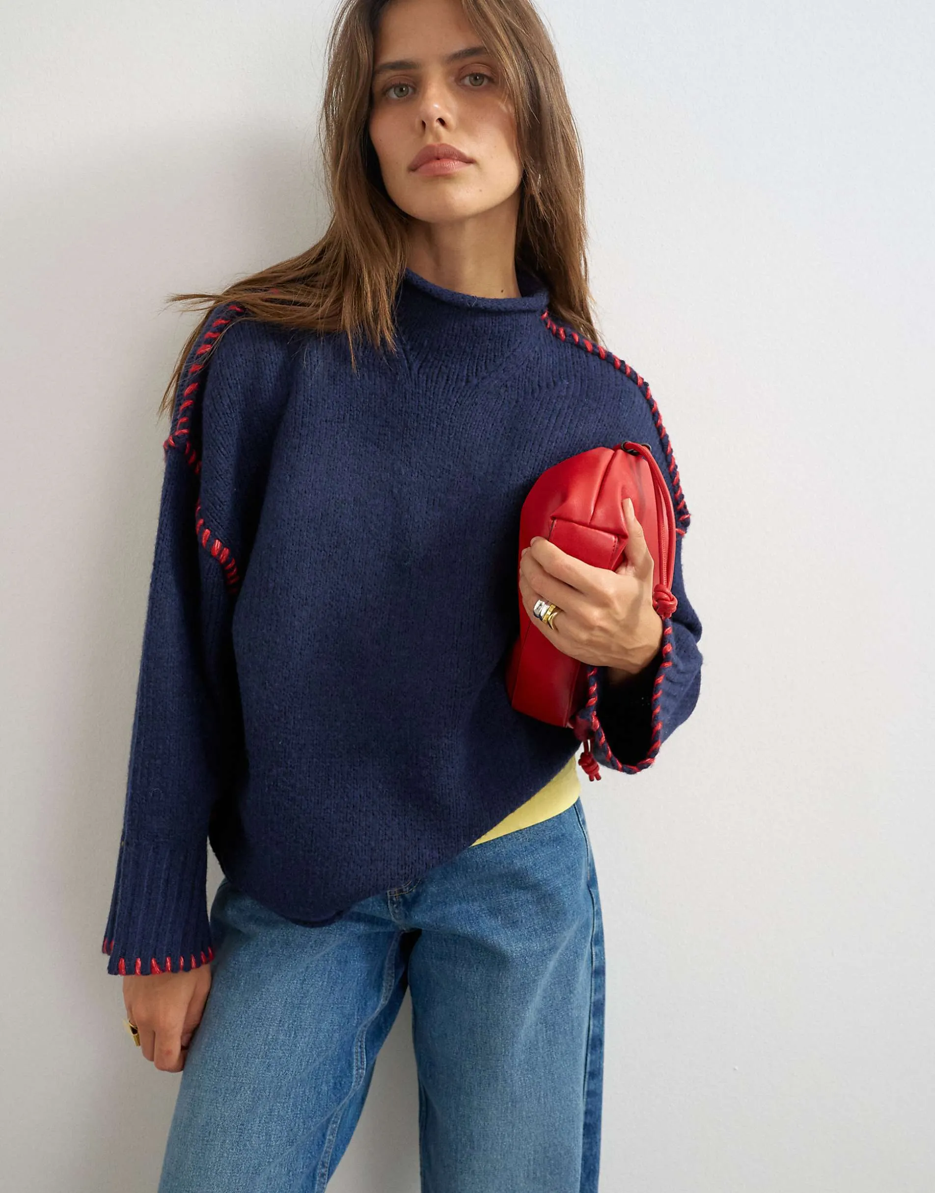 Topshop knitted roll edge blanket stitch jumper in navy