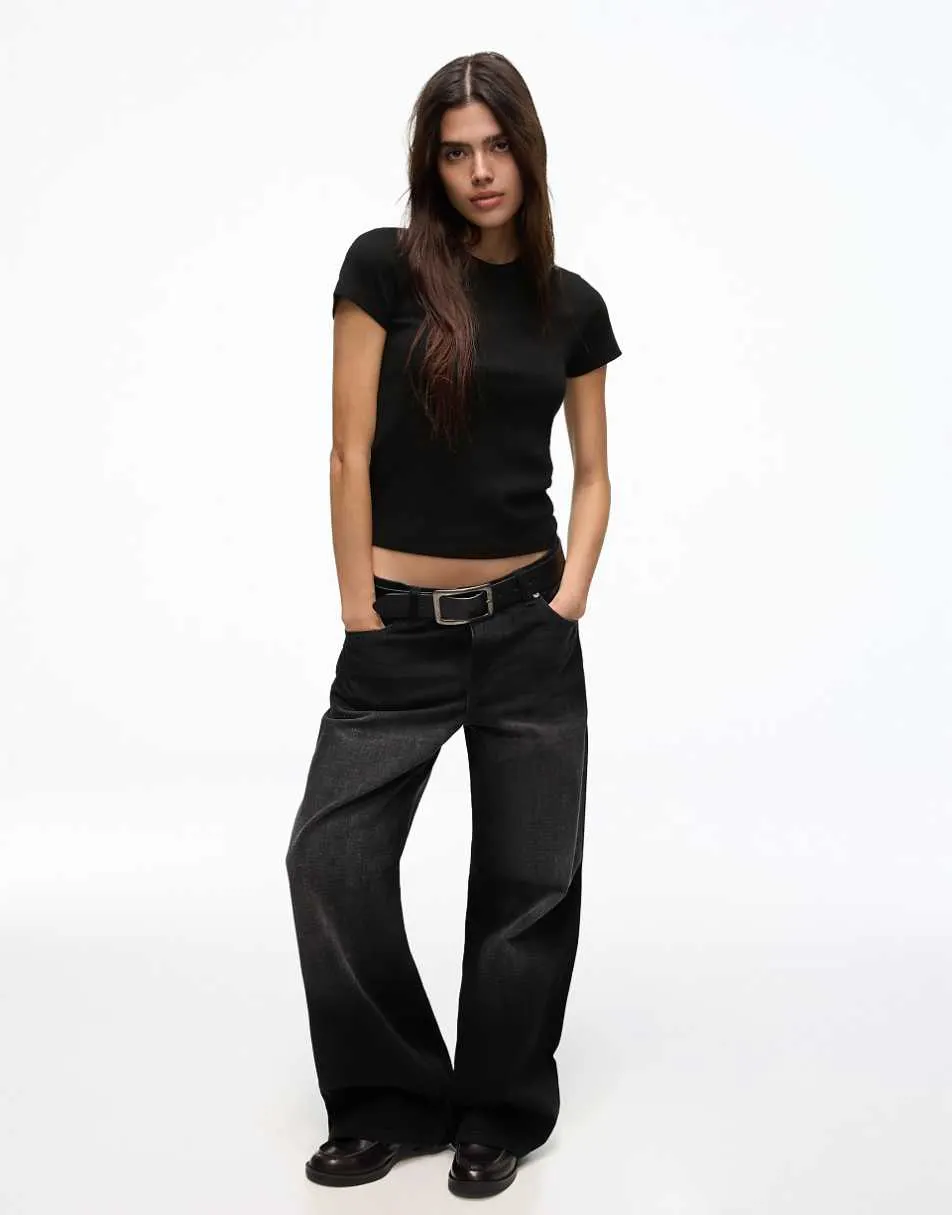Bershka Basic rib short sleeve t-shirt in black