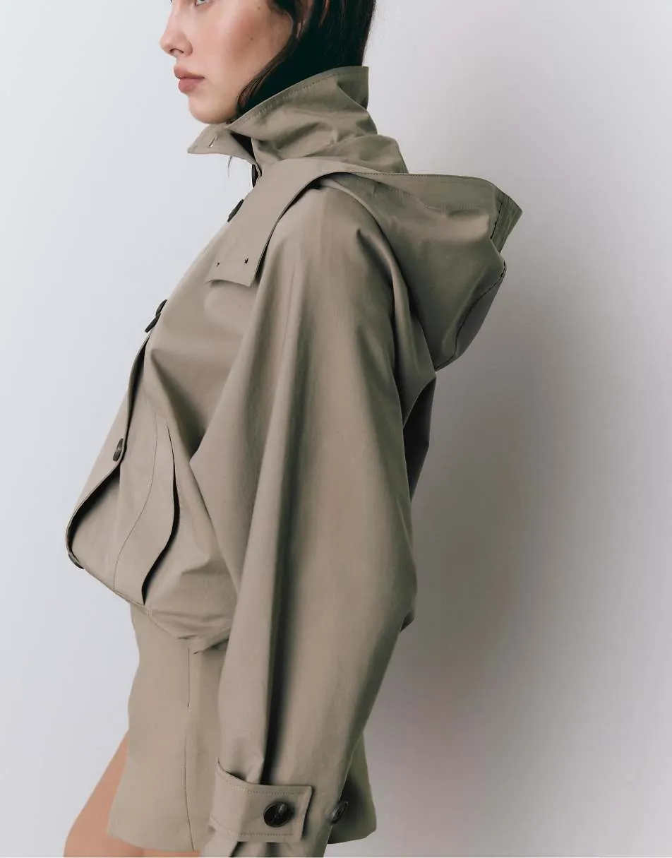 Stradivarius Short puff sleeve trench coat with detachable hood in beige