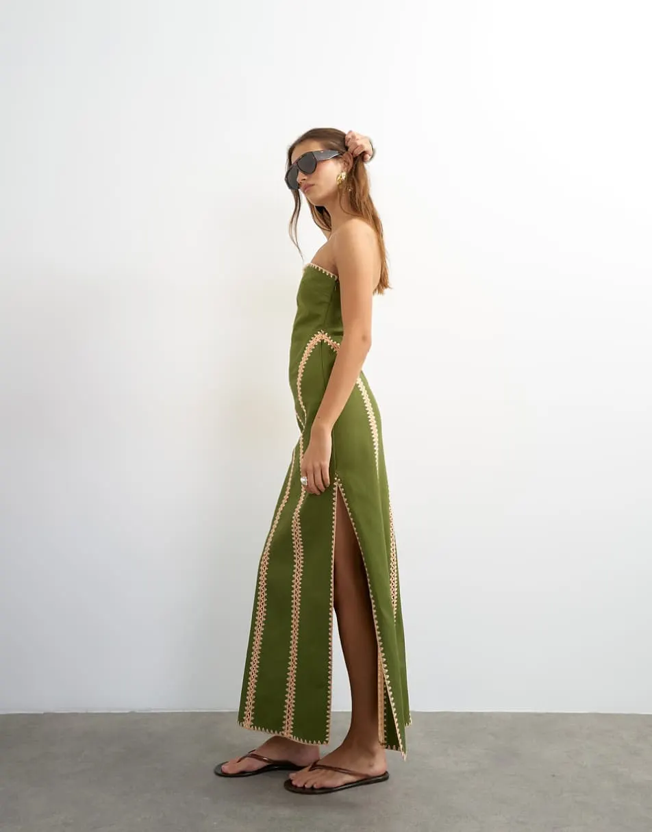 Topshop contrast crochet detail bandeau maxi dress in green and peach
