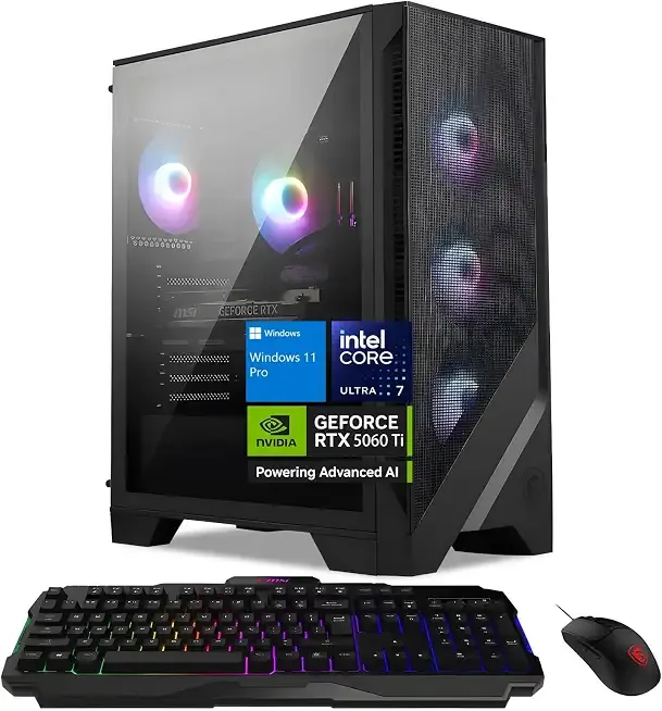 MSI Codex R2 Gaming Desktop, Intel Core Ultra 7 265, NVIDIA RTX 5060 Ti, 64GB DDR5 RAM | 2TB PCIe SSD | WiFi 6E | Air Cooling | 650W 80+ Gold, Windows 11 Pro w/Gaming Keyboard & Mouse