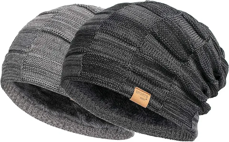 Slouchy Beanie for Men Winter Hats for Guys Cool Beanies Mens Lined Knit Warm Thick Skully Stocking Binie Hat Pairs