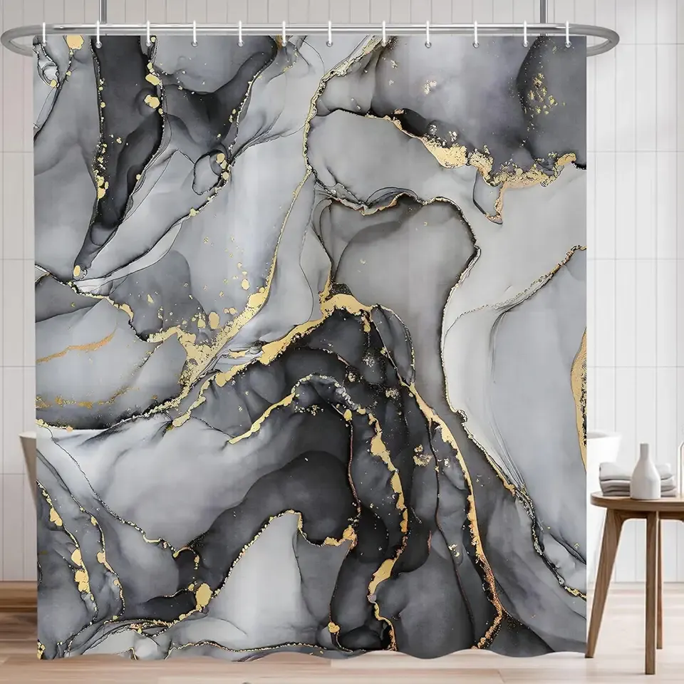 Black Marble Shower Curtain, Modern Abstract Luxury Black Gold Ink Texture Watercolor Art Bathroom Curtains Ombre Machine Washable Waterproof Fabric Bathtub Curtain Set with Hooks 72" Wx72 L