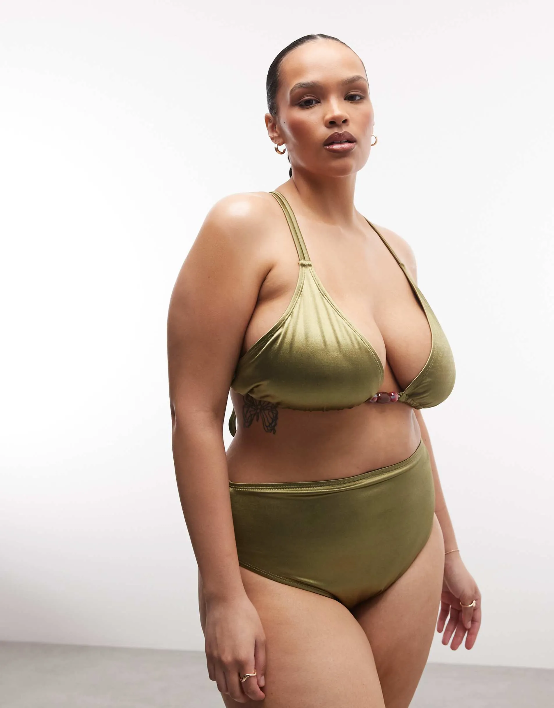 ASOS DESIGN Curve Keira high shine high bikini in olive