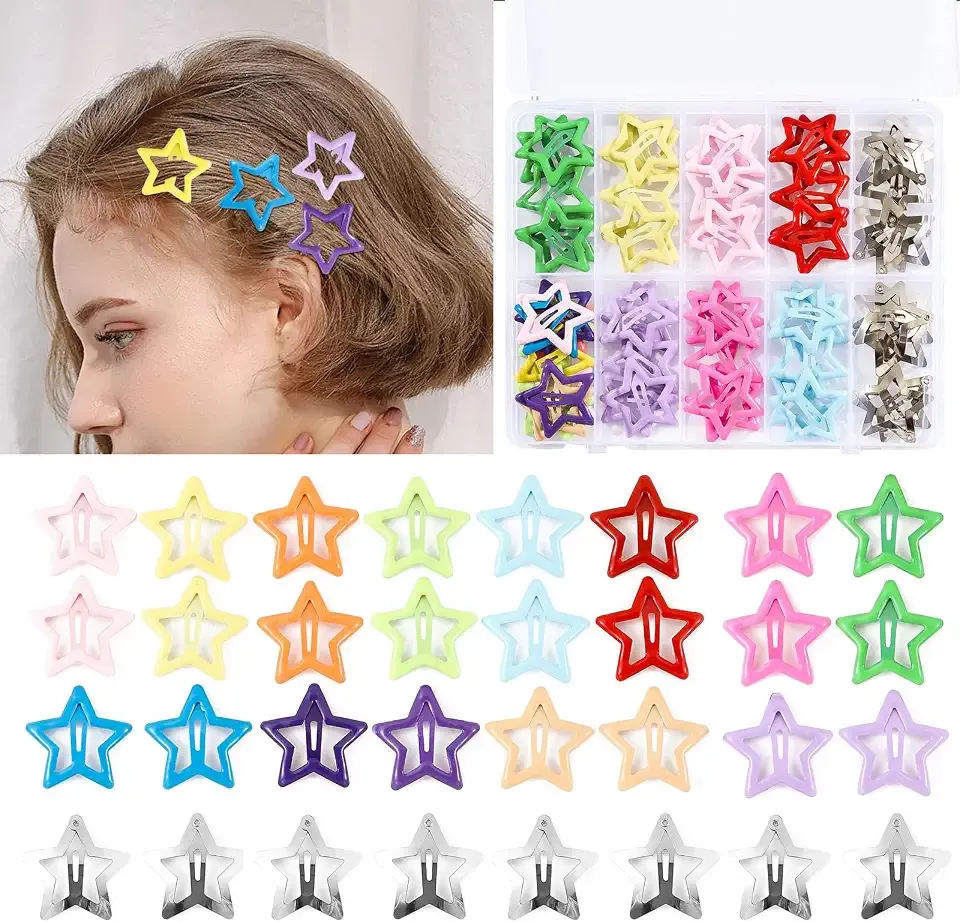 55pcs 1.22" Star Hair Clips Cute Hair Clips for Girls Colorful Metal Snap Hair Barrettes for Women Star Hair Accessories for Daily Party