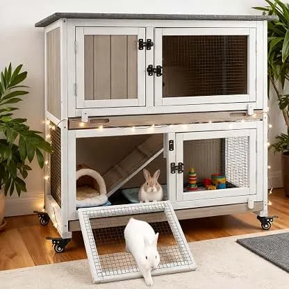 Gowoodhut 36" L Rabbit Hutch, 2-Story Bunny Cage on 4 Wheels | Guinea Pig Cage with Dual Deep Trays, 4 Metal Wheels and Ramp Access for Small Animals, Indoor and Outdoor Use Gowoodhut 36" L Rabbit Hutch, 2-Story Bunny Cage on 4 Wh…