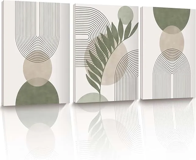 HesenDot 30x40CM Sage Green Boho Wall Art,Framed Canvas Bathroom Wall Art Pictures, Mid-Century Modern Wood Framed Abst…
